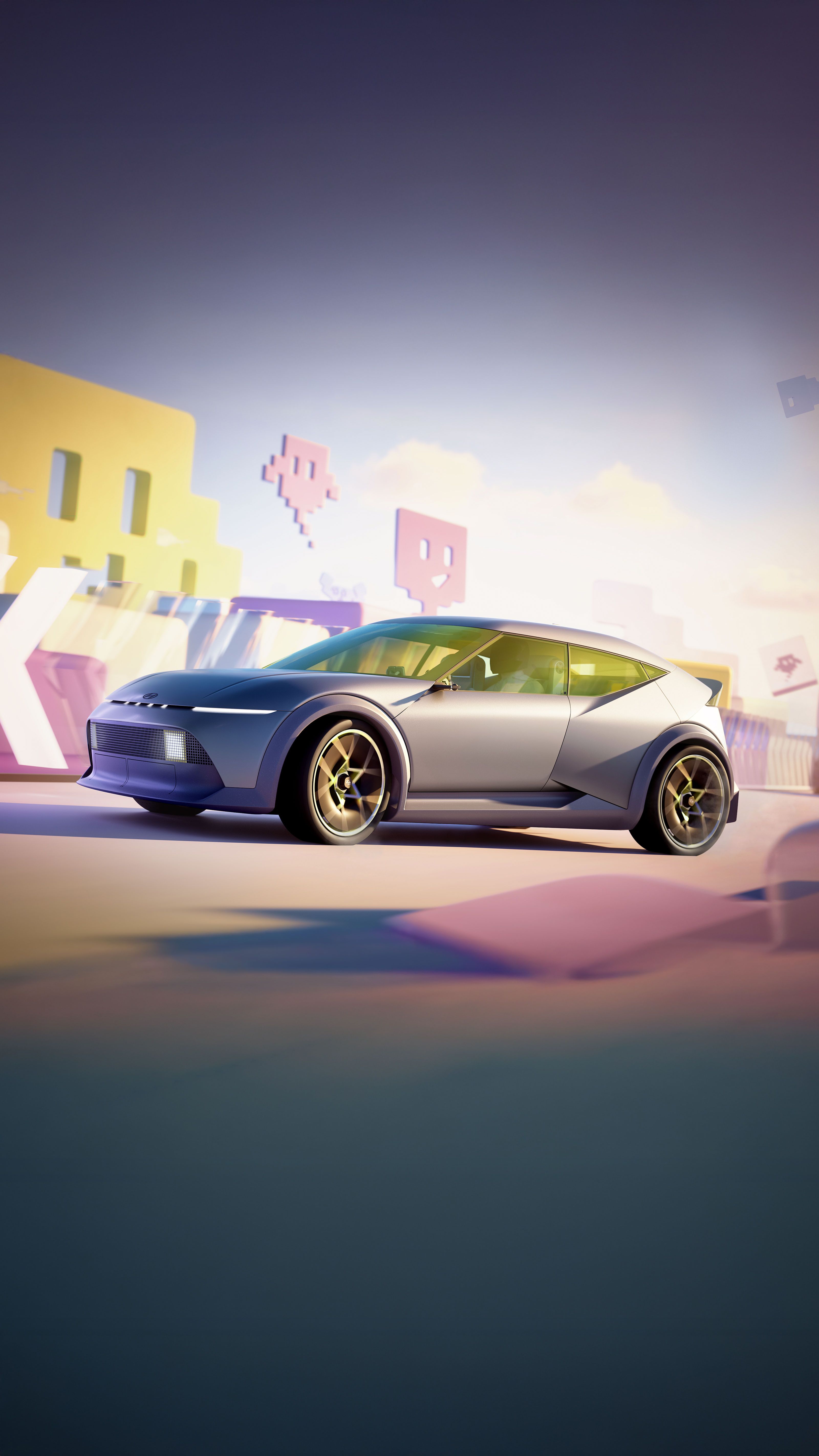 Hyundai Concept THREE kjører på en futuristisk bane omgitt av fargerike strukturer og pikselkunst. Illustrasjon.